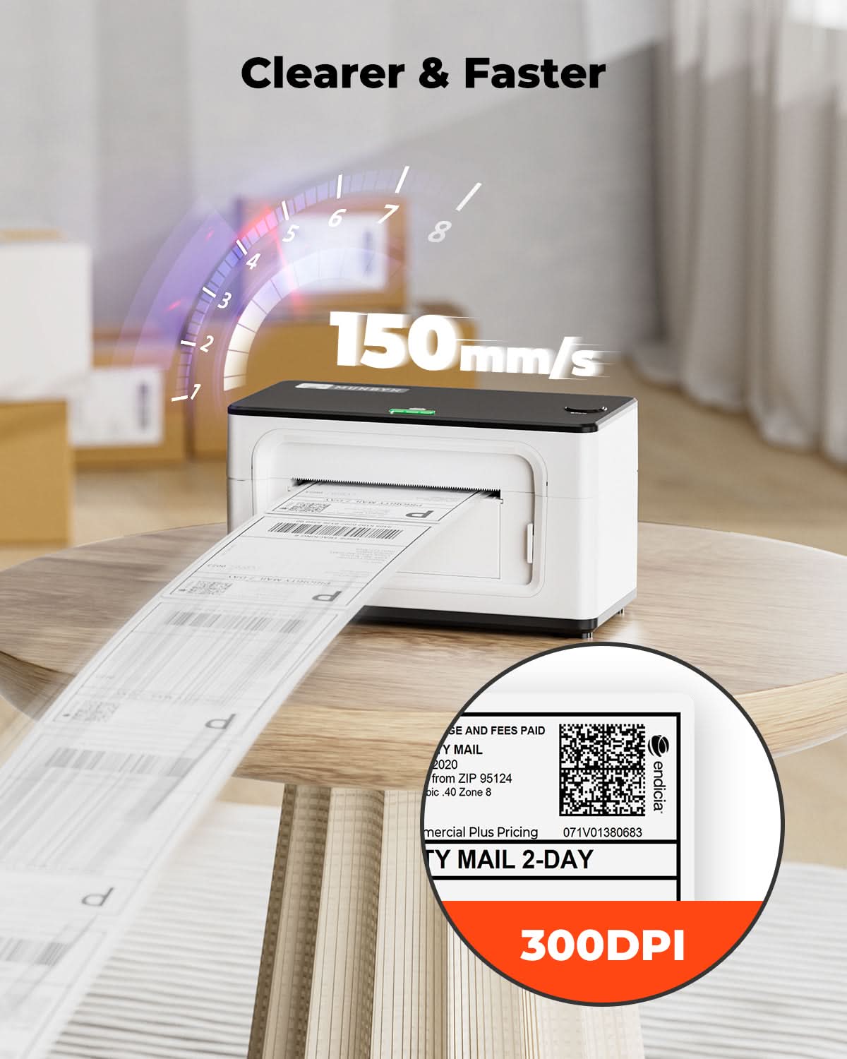 MUNBYN RealWriter 941BP thermal label printer with white body and connected label roll, ready for printing labels.