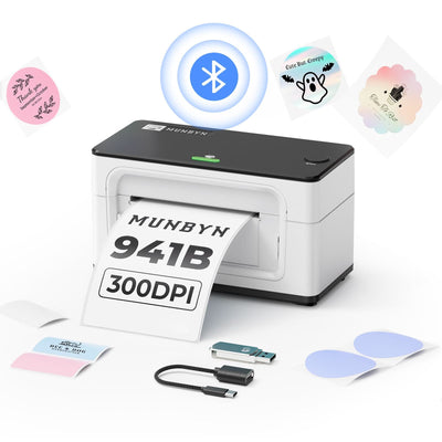 MUNBYN RealWriter 941BP thermal label printer with white design, compact device for printing shipping and barcode labels.