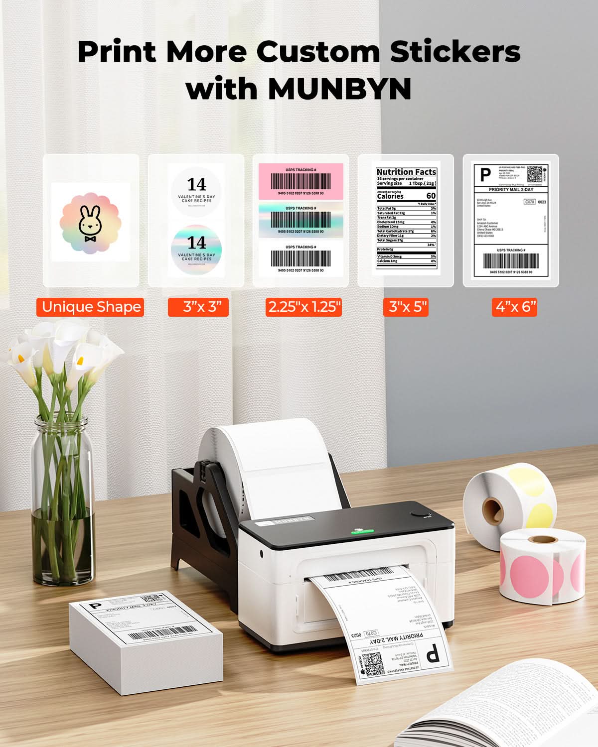 MUNBYN RealWriter 941BP thermal label printer kit with white and black components, ready for shipping label printing.