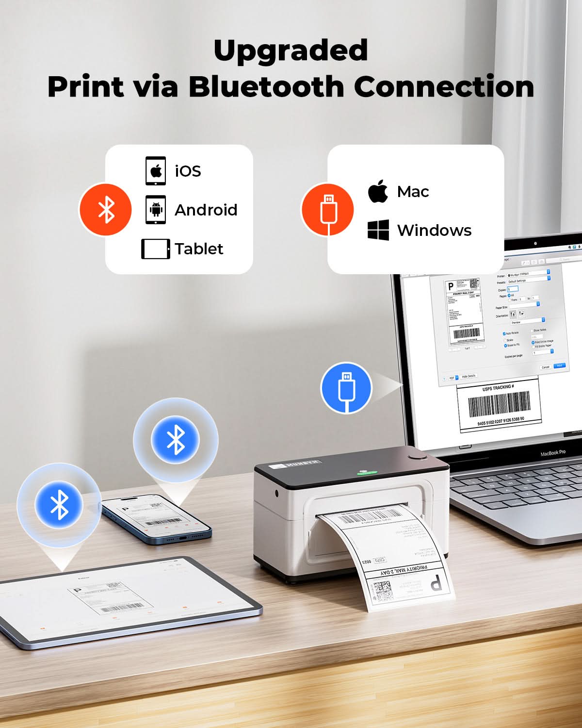 MUNBYN RealWriter 941BP thermal label printer kit with white and black components on a clean surface.