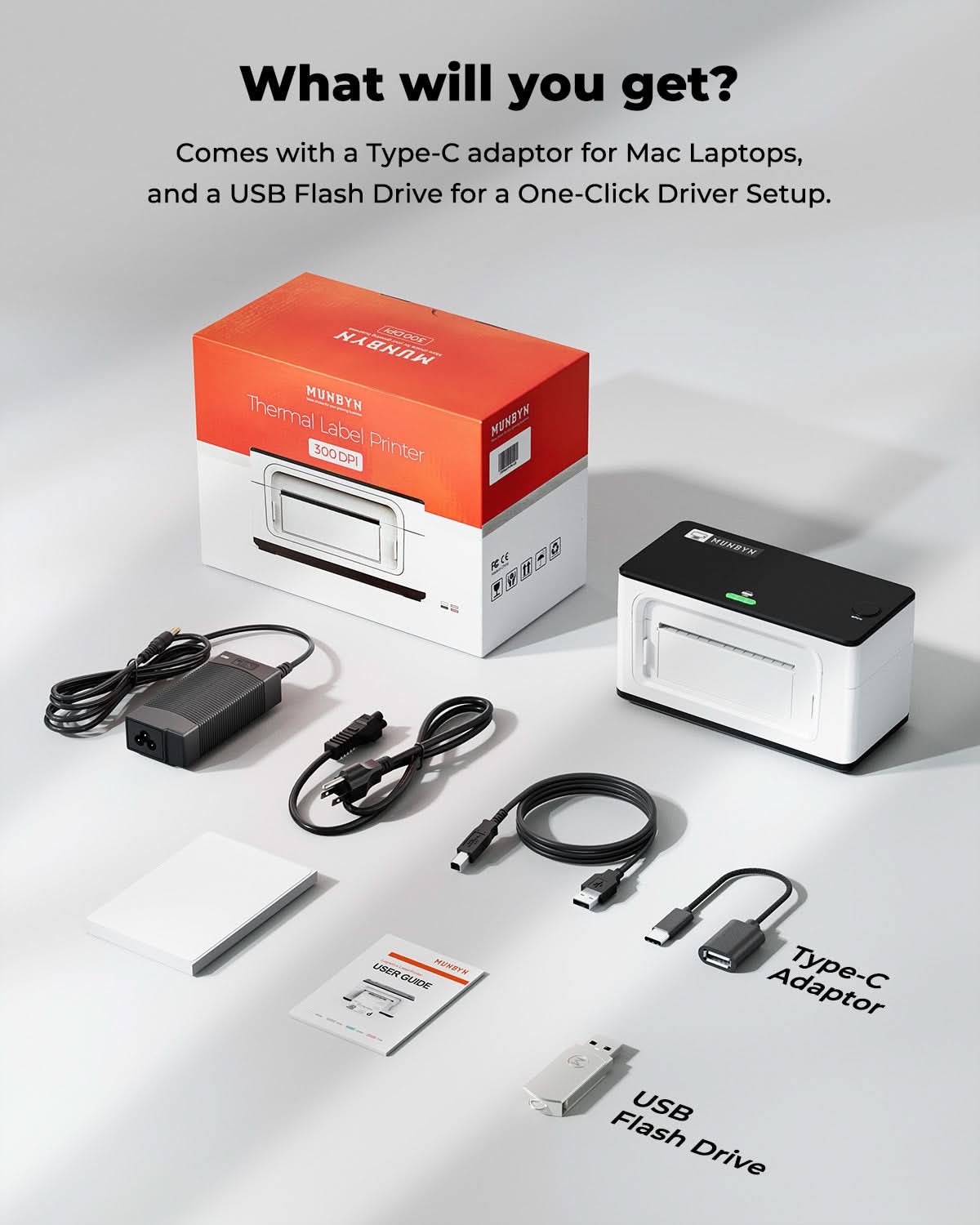 MUNBYN RealWriter 941BP thermal label printer kit with black and white components, showing the compact printer and accessories.