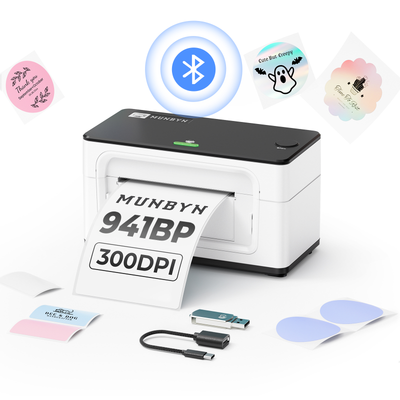 MUNBYN RealWriter 941BP thermal label printer printing on a label sheet, compact design suitable for office or shipping use.