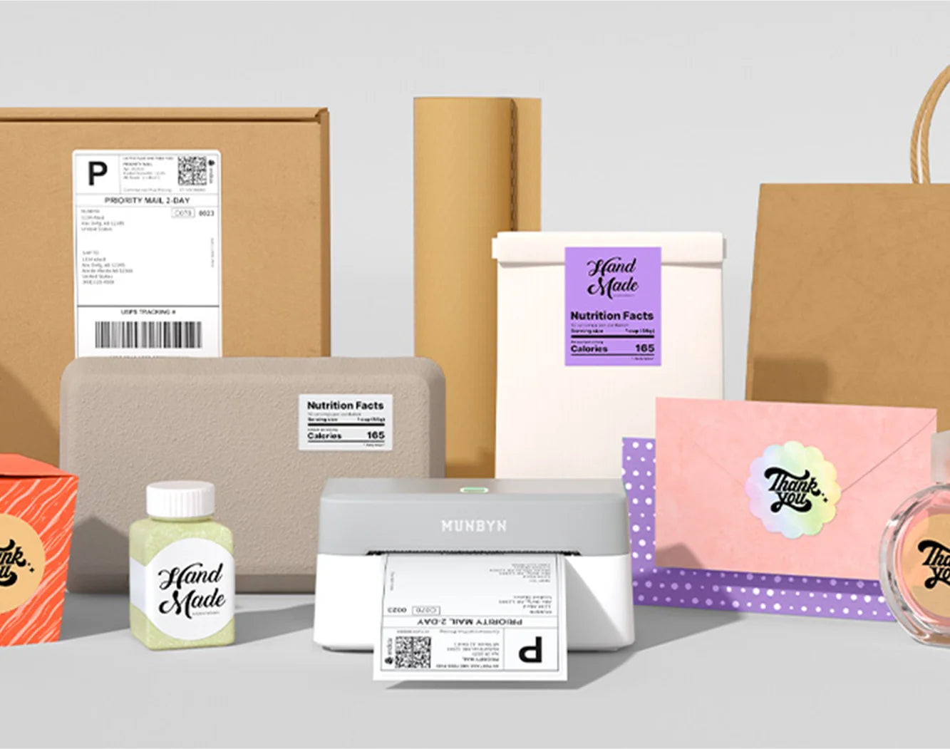 Collection of various products with labels and packaging on a light gray background