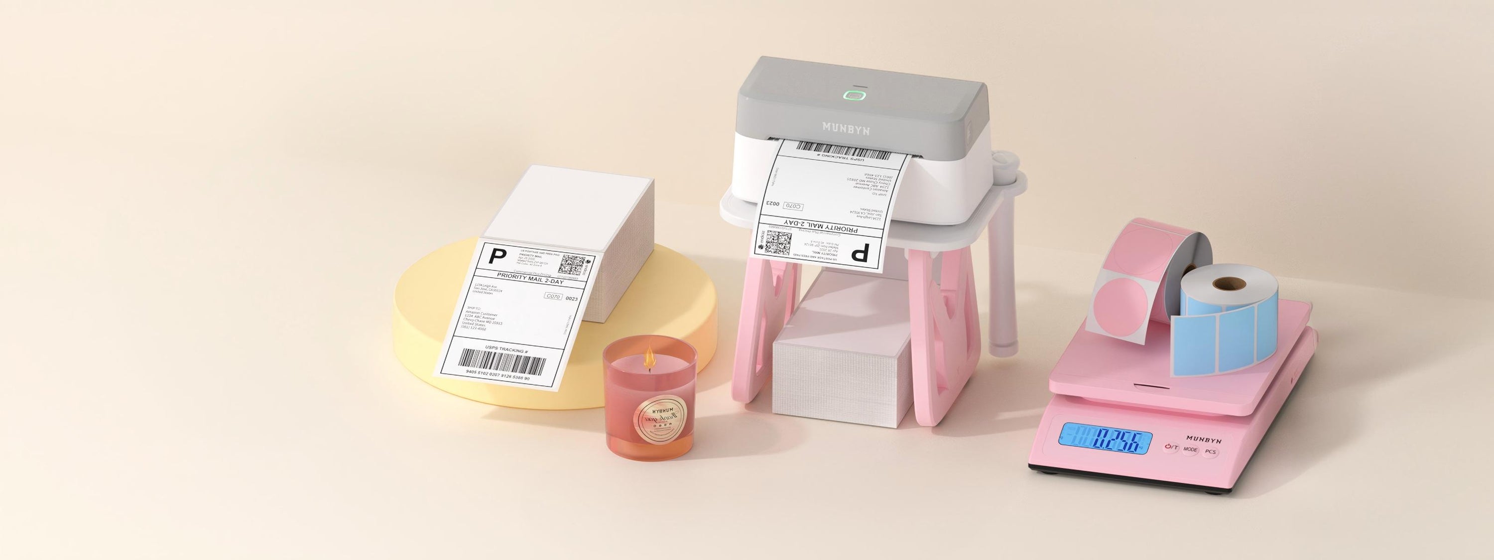 Collection of office supplies including therml printer, a pink digital scale, small container, and other items on a beige background.