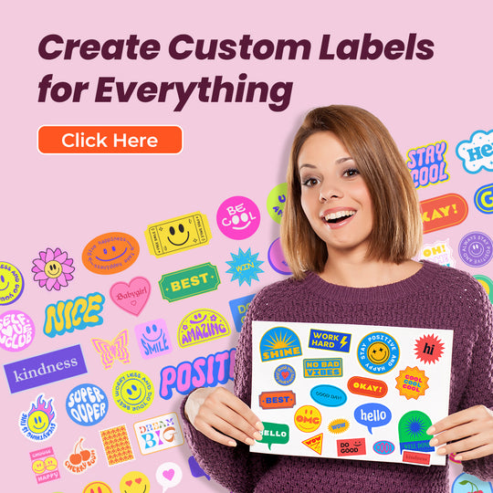 A person holding a sheet of custom-shaped colorful labels with various designs such as hearts, smiley faces, and text.