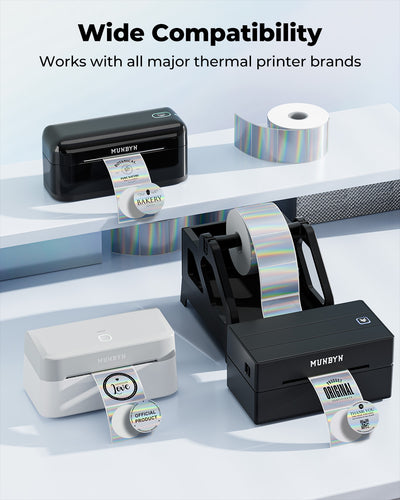 Holographic silver labels printed on MUNBYN label printer paper, featuring vibrant, reflective holographic design on a white background.