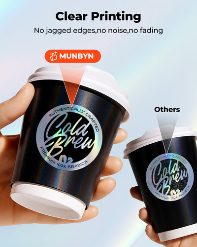 Holographic silver labels printed on MUNBYN label printer paper, showcasing shiny, reflective holographic designs.