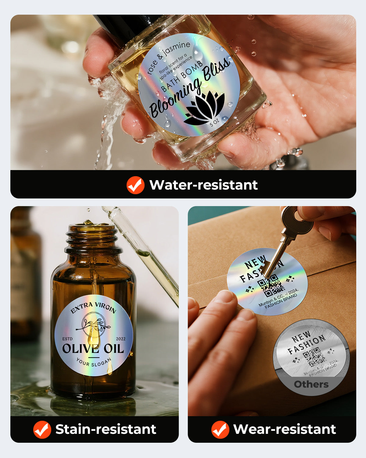 Holographic silver labels printed on MUNBYN label printer paper, showcasing shiny, reflective surface and vibrant holographic design.