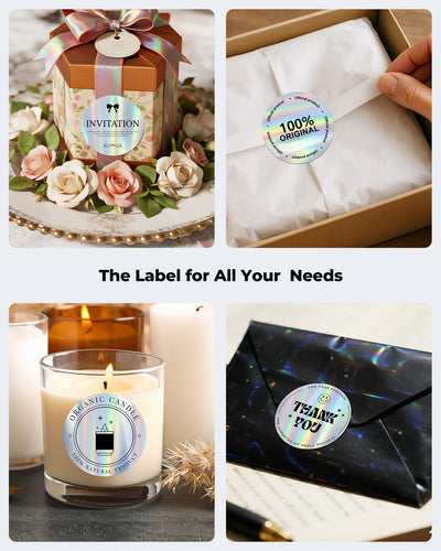 Holographic silver labels on label printer paper by MUNBYN, showcasing reflective, metallic surface for printing and labeling.