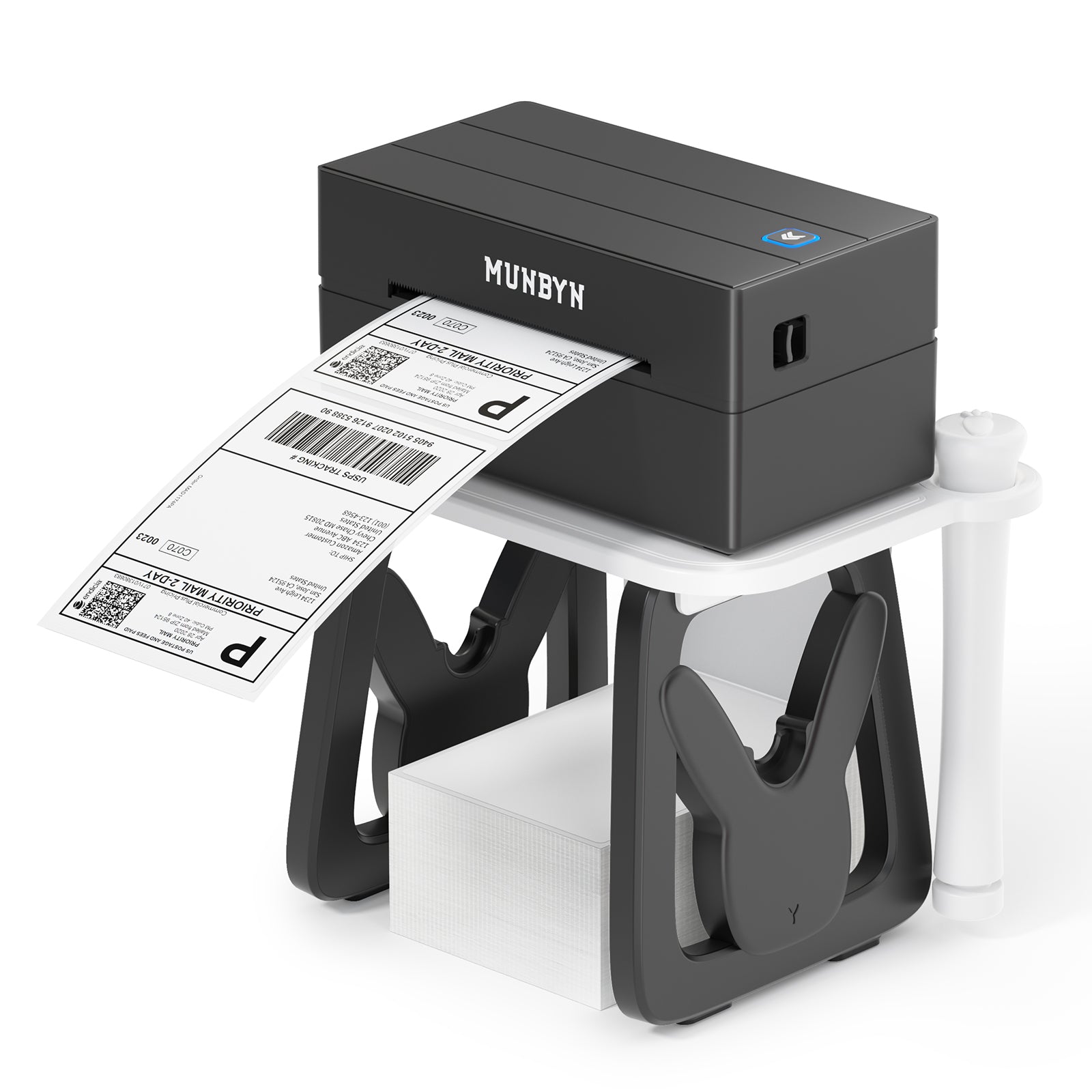 Black and white MUNBYN ILH02 label holder for label printers, showing durable plastic design and easy attachment features.