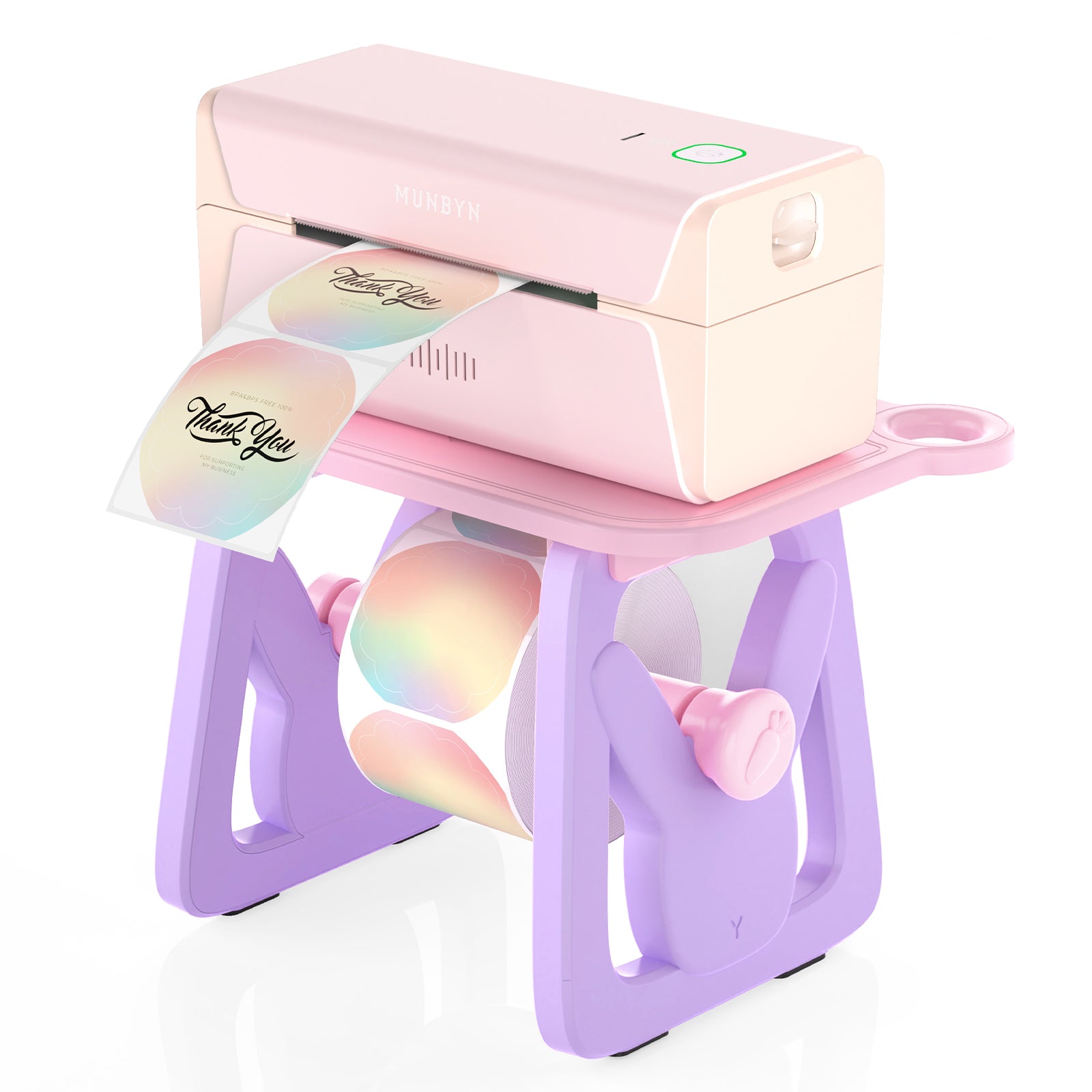 MUNBYN ILH02 label holder accessory for label printers, shown attached to a label printing device in a close-up shot.