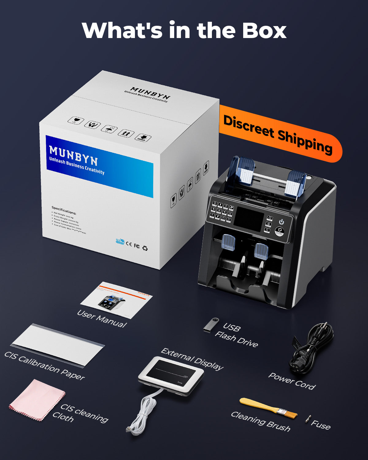MUNBYN IMC08 money counter machine with white design, showing bills being counted in a compact electronic cash counter.