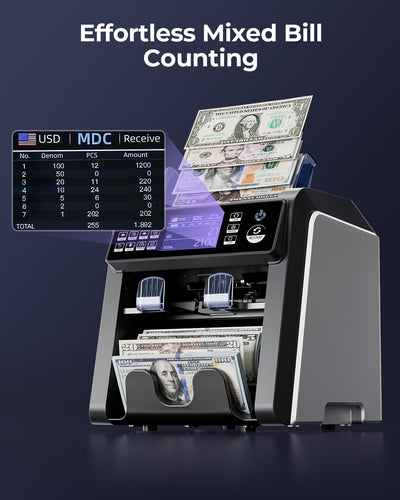 MUNBYN IMC08 money counter machine with white finish, displaying bills being counted in a close-up view.