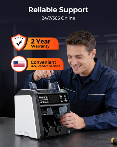 MUNBYN IMC08 money counter machine with white body and digital display for fast, accurate cash counting.