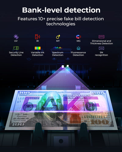 MUNBYN IMC08-WH-B money counter machine counting paper bills on a clean surface.
