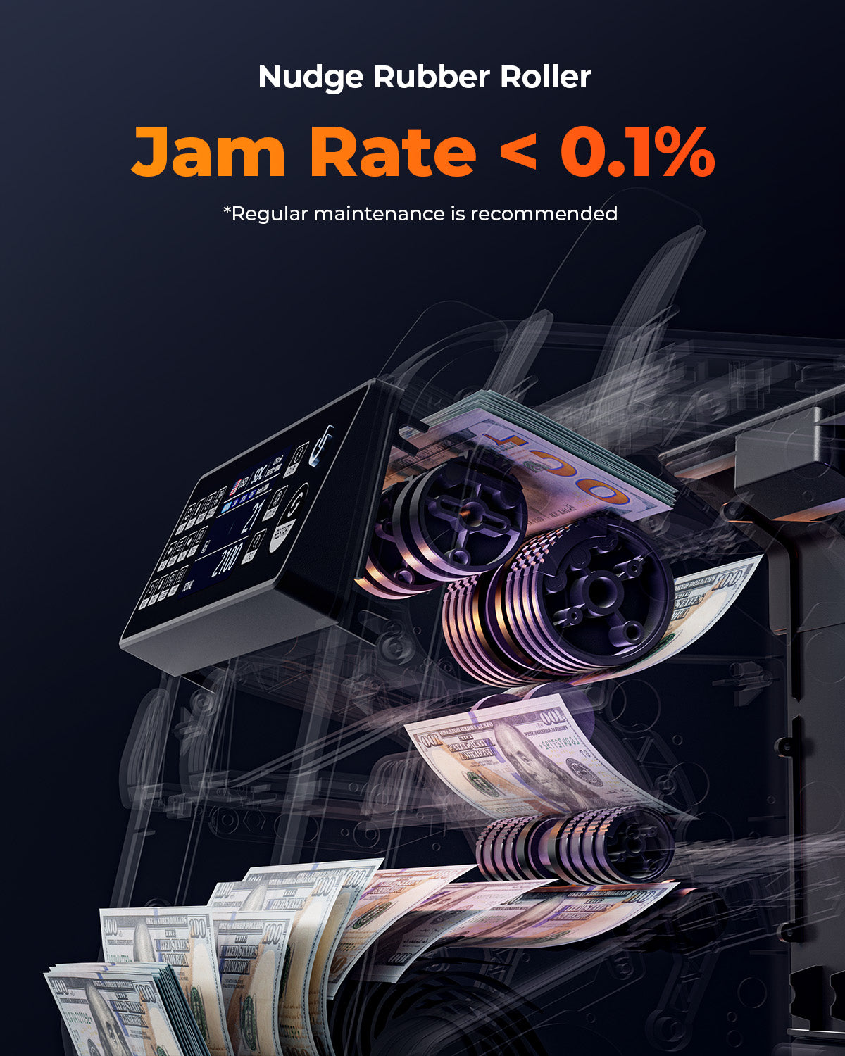 MUNBYN IMC08 white money counter machine, displays bills being counted with digital screen and compact design.