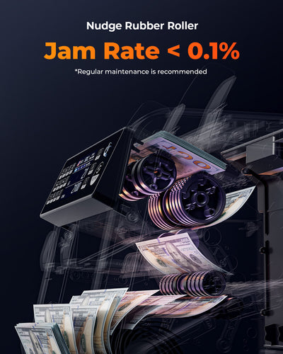 MUNBYN IMC08 white money counter machine, displays bills being counted with digital screen and compact design.
