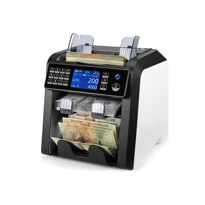 MUNBYN IMC08X-WH-US money counter machine with digital display and cash counting features on a white background.
