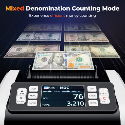 White MUNBYN IMC09 money counter machine displaying bills counting in a clear, professional retail or cash handling setting.