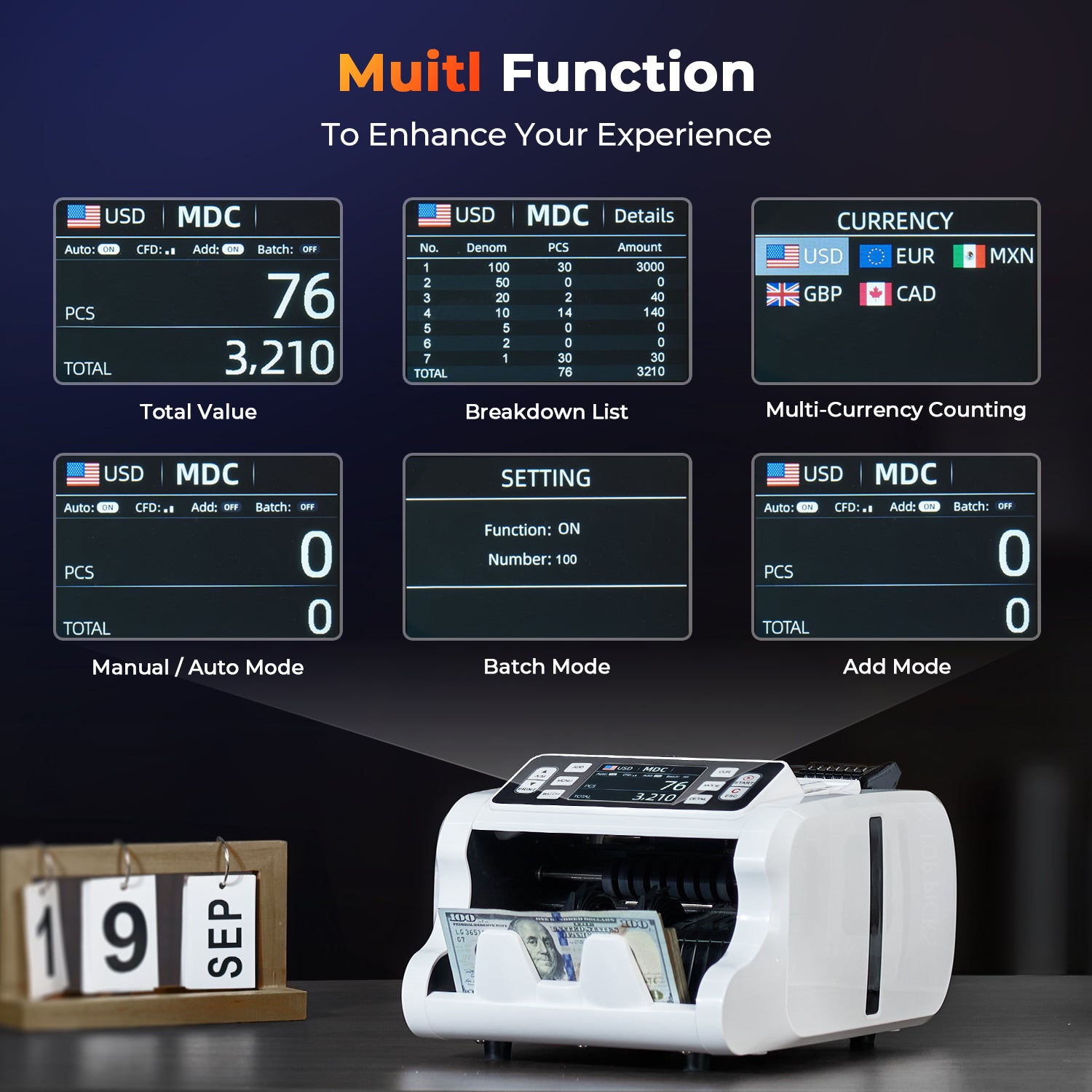 MUNBYN IMC09 money counter machine with white finish, displaying bills being counted in a close-up view.