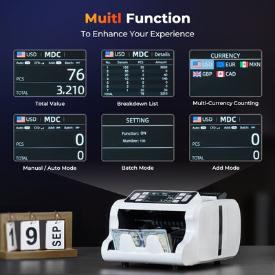 MUNBYN IMC09 money counter machine with white finish, displaying bills being counted in a close-up view.