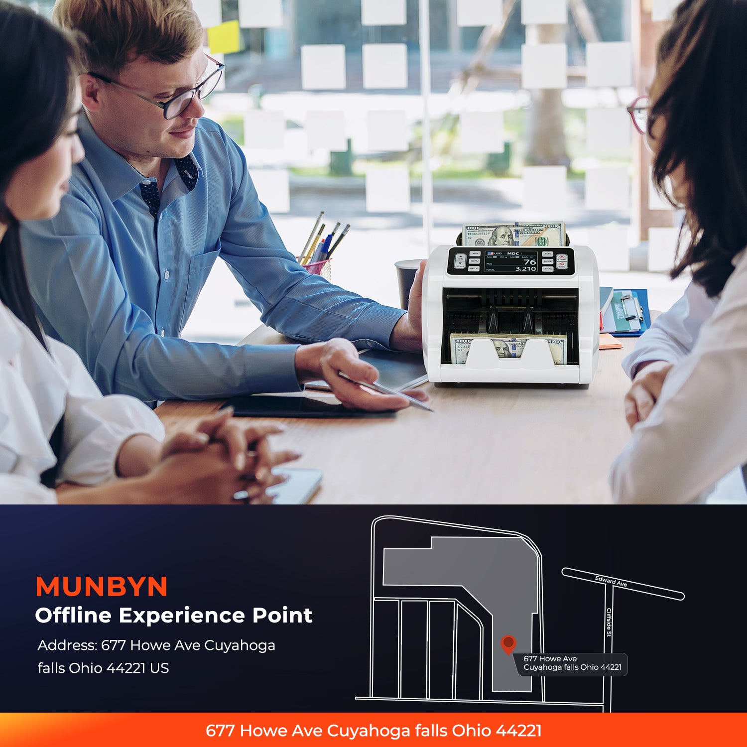 MUNBYN IMC09 money counter machine with a digital display and compact design, used for counting cash efficiently.