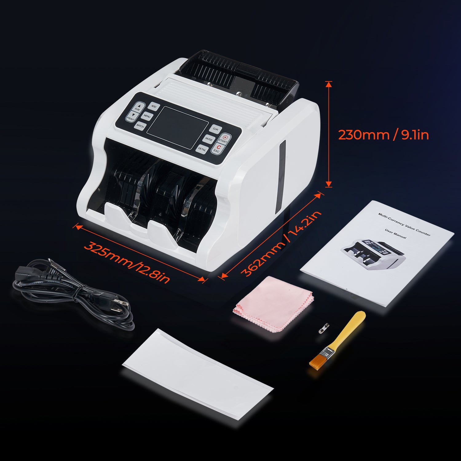 MUNBYN IMC09 money counter machine with white finish, showing currency bills being counted on a digital display.