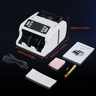 MUNBYN IMC09 money counter machine with white finish, showing currency bills being counted on a digital display.