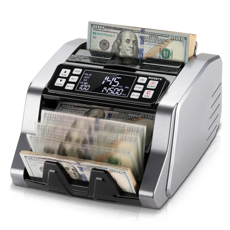 MUNBYN IMC20 Money Counter Machine with Value Count, UV/MG/IR/MT Counterfeit Detection for Dollar/Euro Bill Counter, Add/Batch/Value Mode Cash Counter, LED External Display