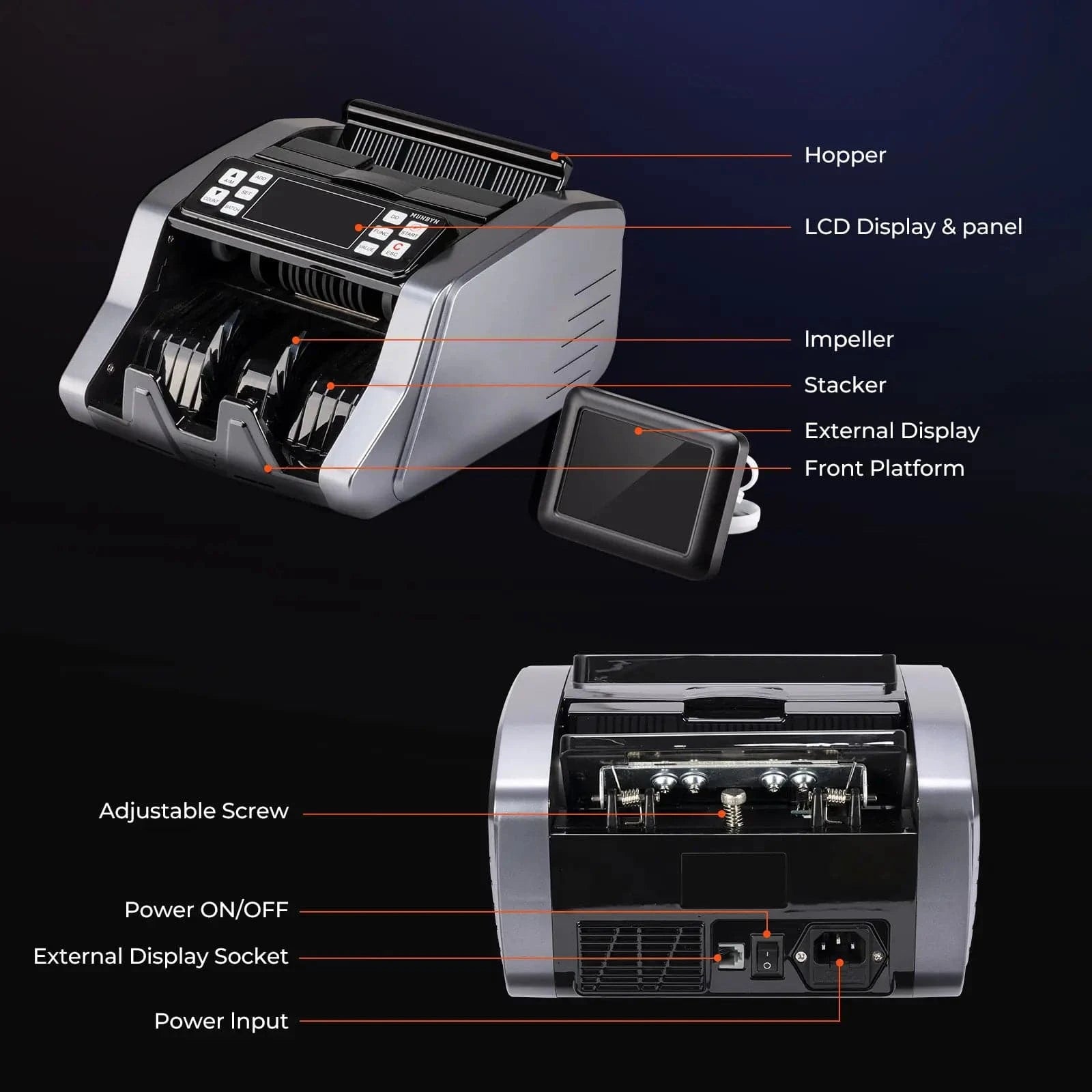 MUNBYN IMC20 Money Counter Machine with Value Count, UV/MG/IR/MT Counterfeit Detection for Dollar/Euro Bill Counter, Add/Batch/Value Mode Cash Counter, LED External Display