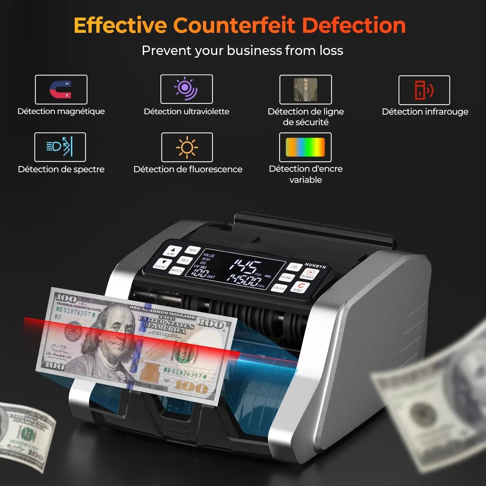 MUNBYN IMC20 Money Counter Machine with Value Count, UV/MG/IR/MT Counterfeit Detection for Dollar/Euro Bill Counter, Add/Batch/Value Mode Cash Counter, LED External Display