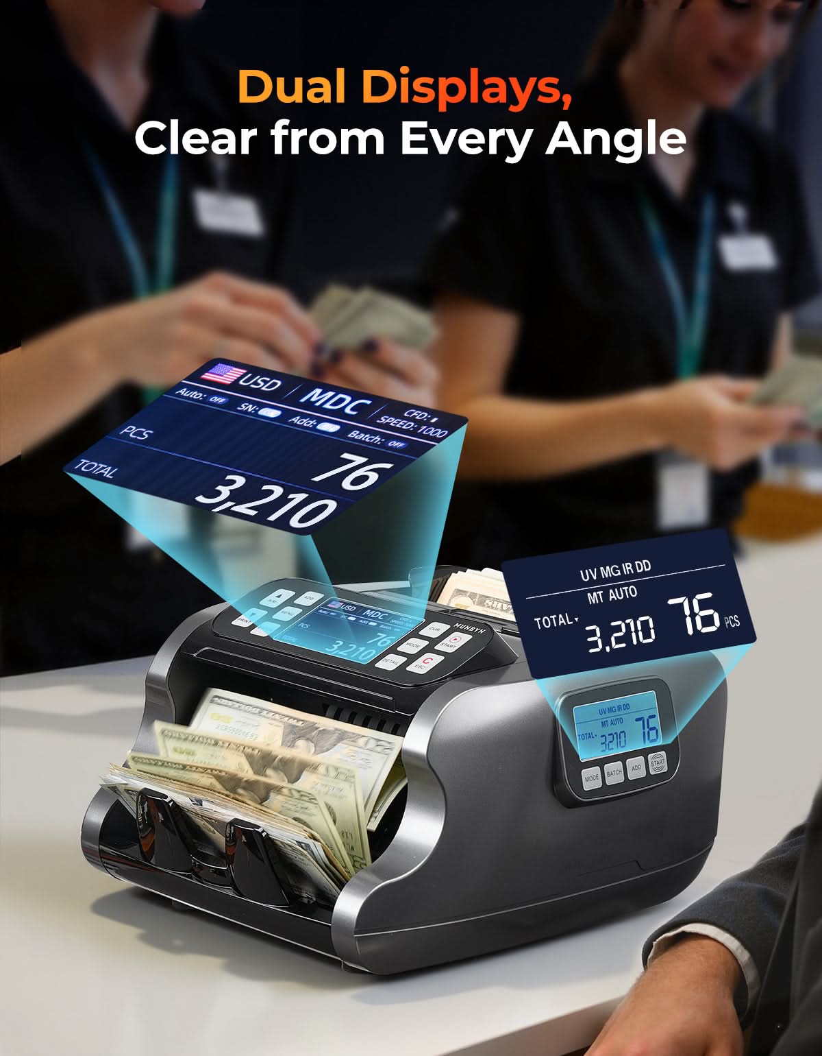 MUNBYN IMC22 money counter machine counting bills with digital display and compact design.