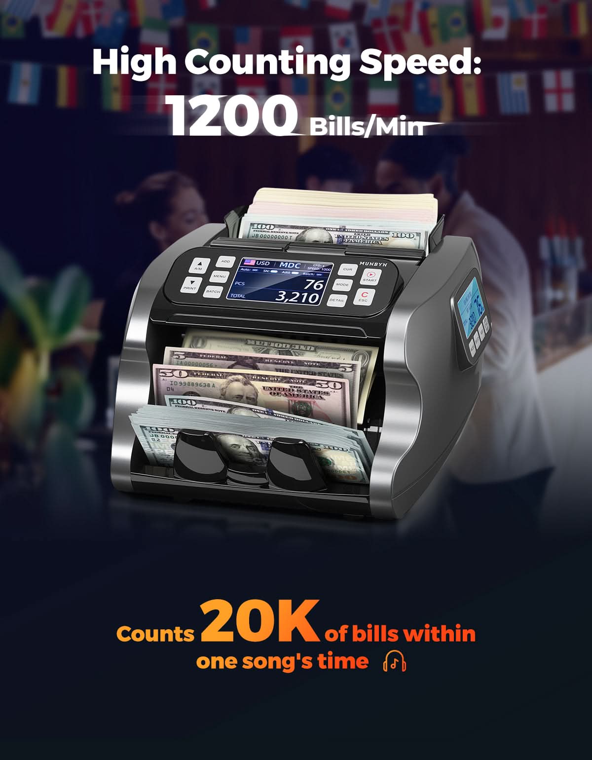 MUNBYN IMC22 money counter machine displaying bills being counted in a secure counting environment.