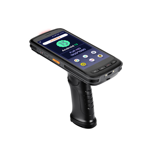 MUNBYN IPDA087P 2D barcode scanner for Android, black handheld device with scanning window and ergonomic design