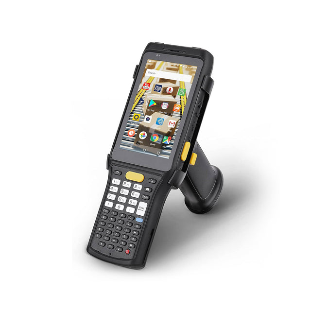 MUNBYN IPDA088P Android barcode scanner with black handheld design and 2D barcode reading capability.