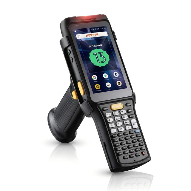 MUNBYN IPDA088P Android barcode scanner with long-range scanning capabilities, shown in black with ergonomic design.
