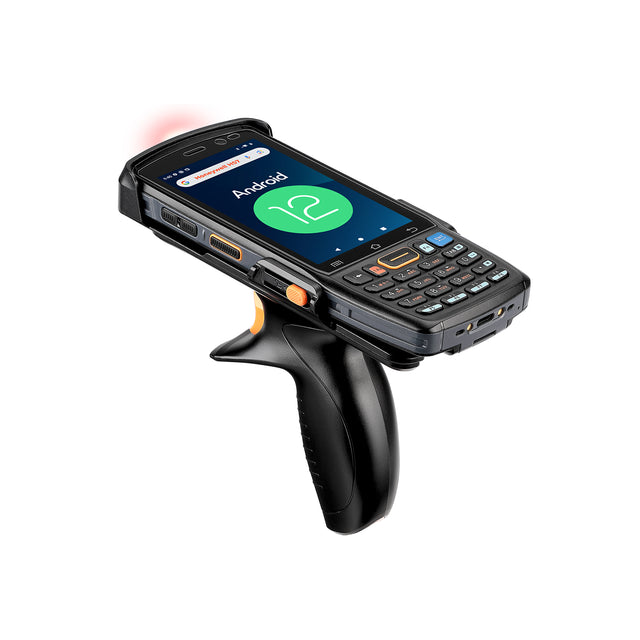MUNBYN IPDA100P Android barcode scanner with 2D barcode reading in black, front view showing ergonomic design and scanning window