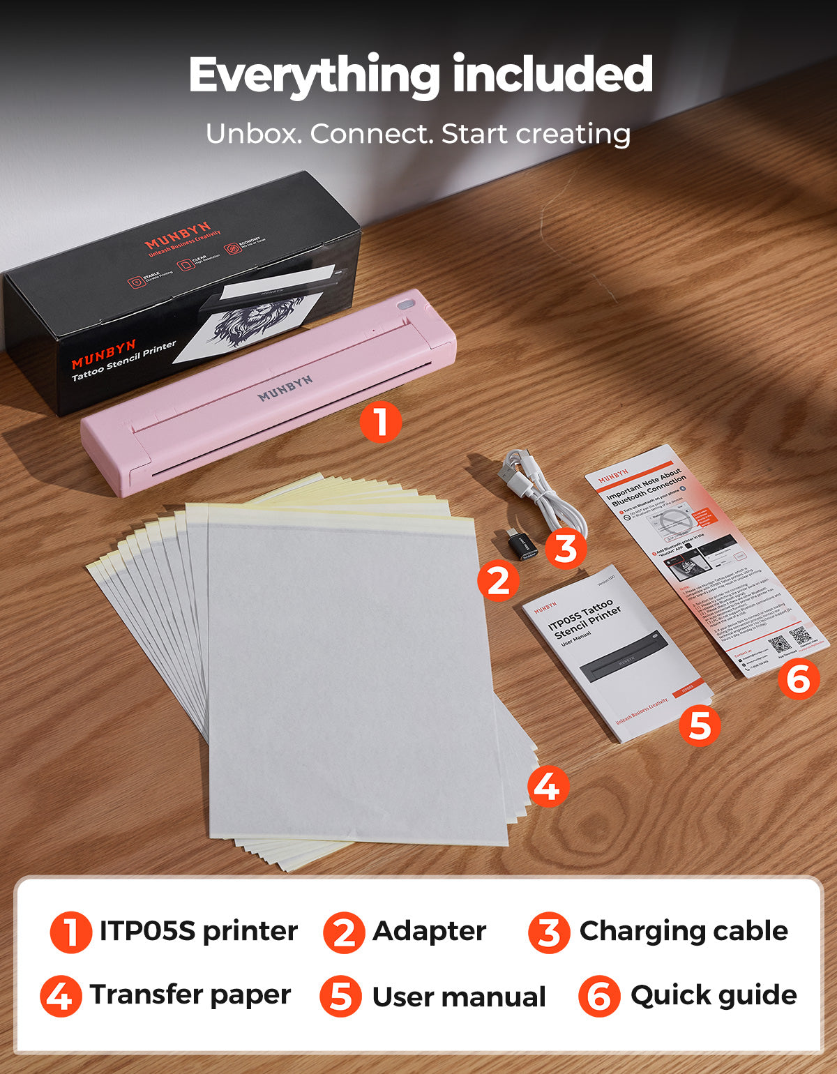MUNBYN ITP05S Tattoo Stencil Bluetooth Thermal Printer with 20 Sheets Transfer Paper