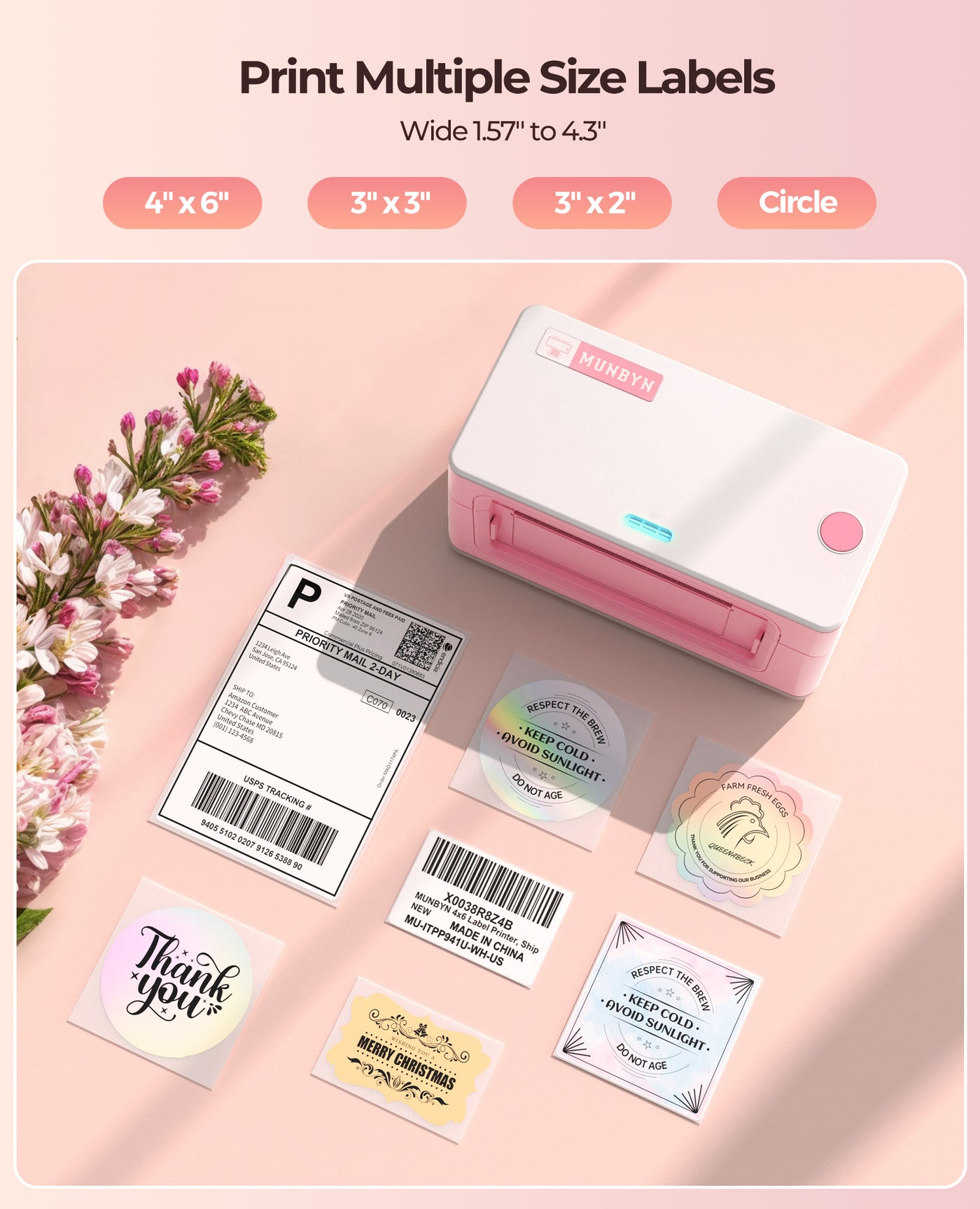 Label printer with various printed labels