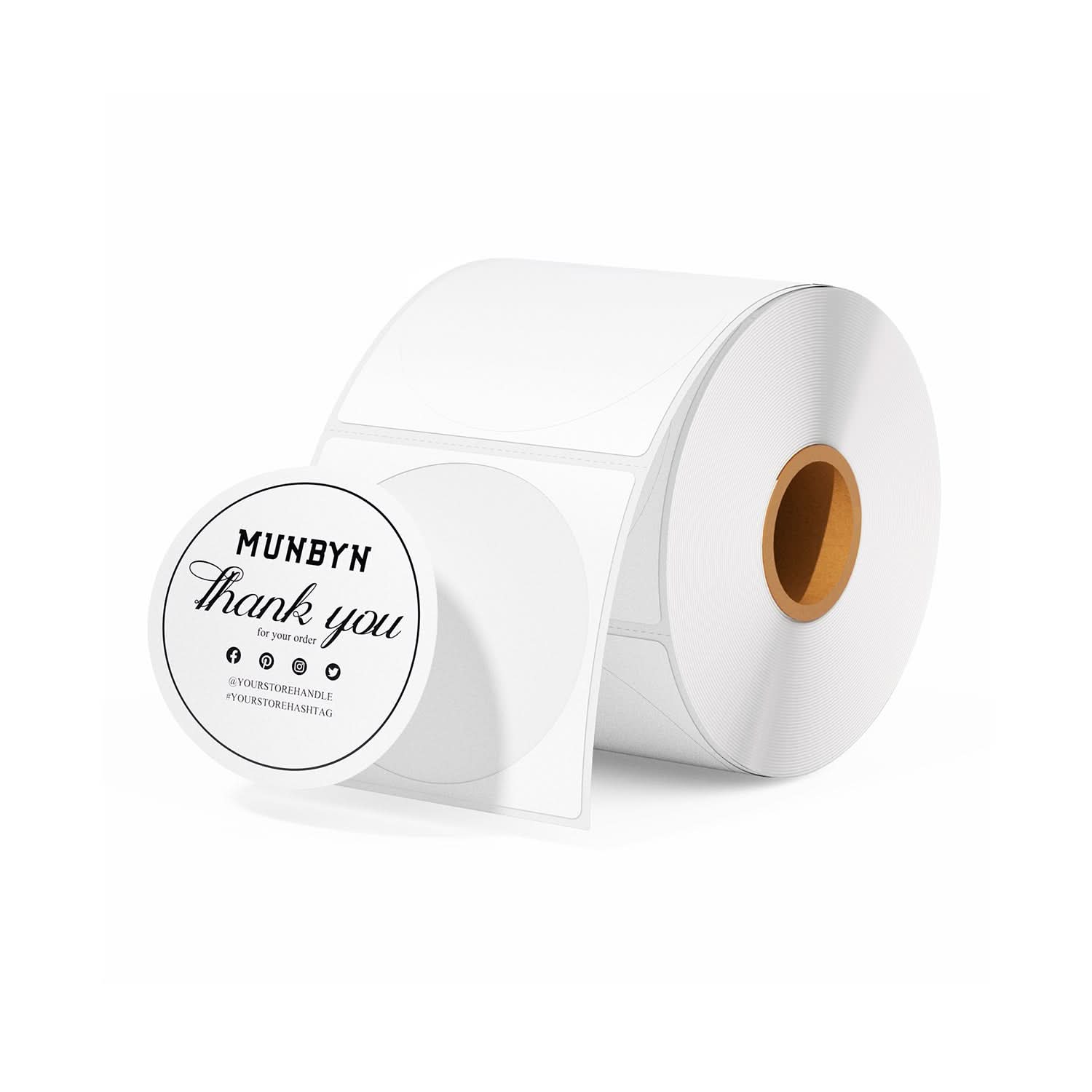Roll of round white thermal thank you stickers for packaging and shipping labels