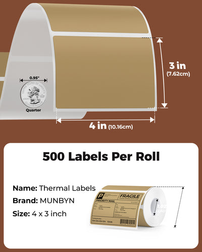 White 4x3 inch rectangle labels printed on MUNBYN label printer paper, ready for custom branding or organization.