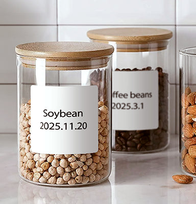 Three glass jars with wooden lids containing different types of beans on a tiled wall background.