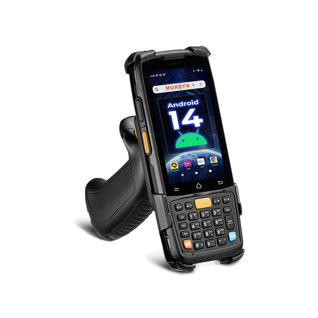 MUNBYN MC005 Android barcode scanner with black and silver design, handheld device for quick barcode reading.