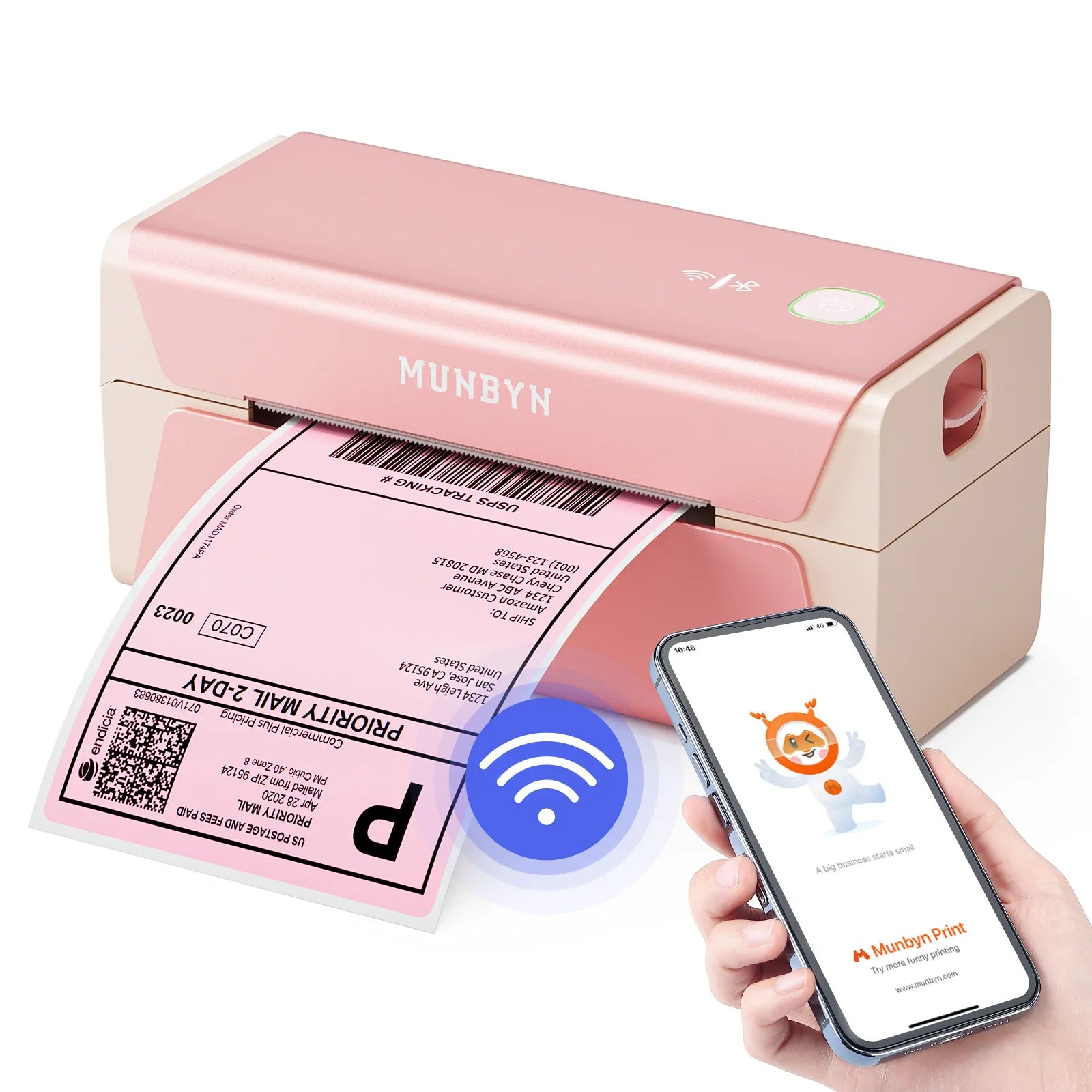 MUNBYN Voice Controlled Wireless Thermal Label Printer P44S connects to mobile phones using WiFi.