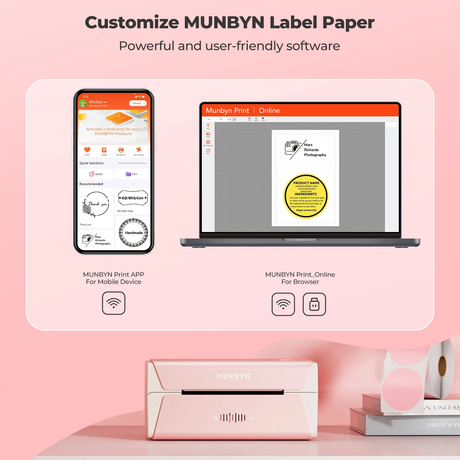 MUNBYN Wireless Label Printer P44S can print custom labels using  MUNBYN Print softwares.