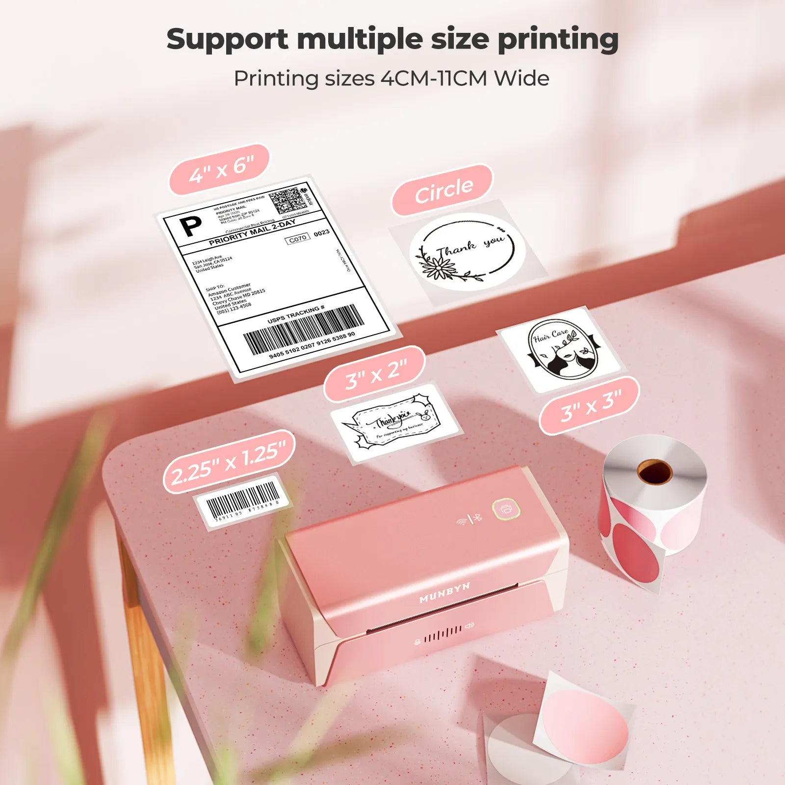 MUNBYN Voice Controlled Wireless Thermal Label Printer P44S is suitable for multi-size label printing.
