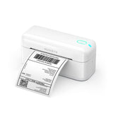 MUNBYN RealWriter 402B thermal label printer in white with paper loaded, designed for printing shipping and barcode labels.