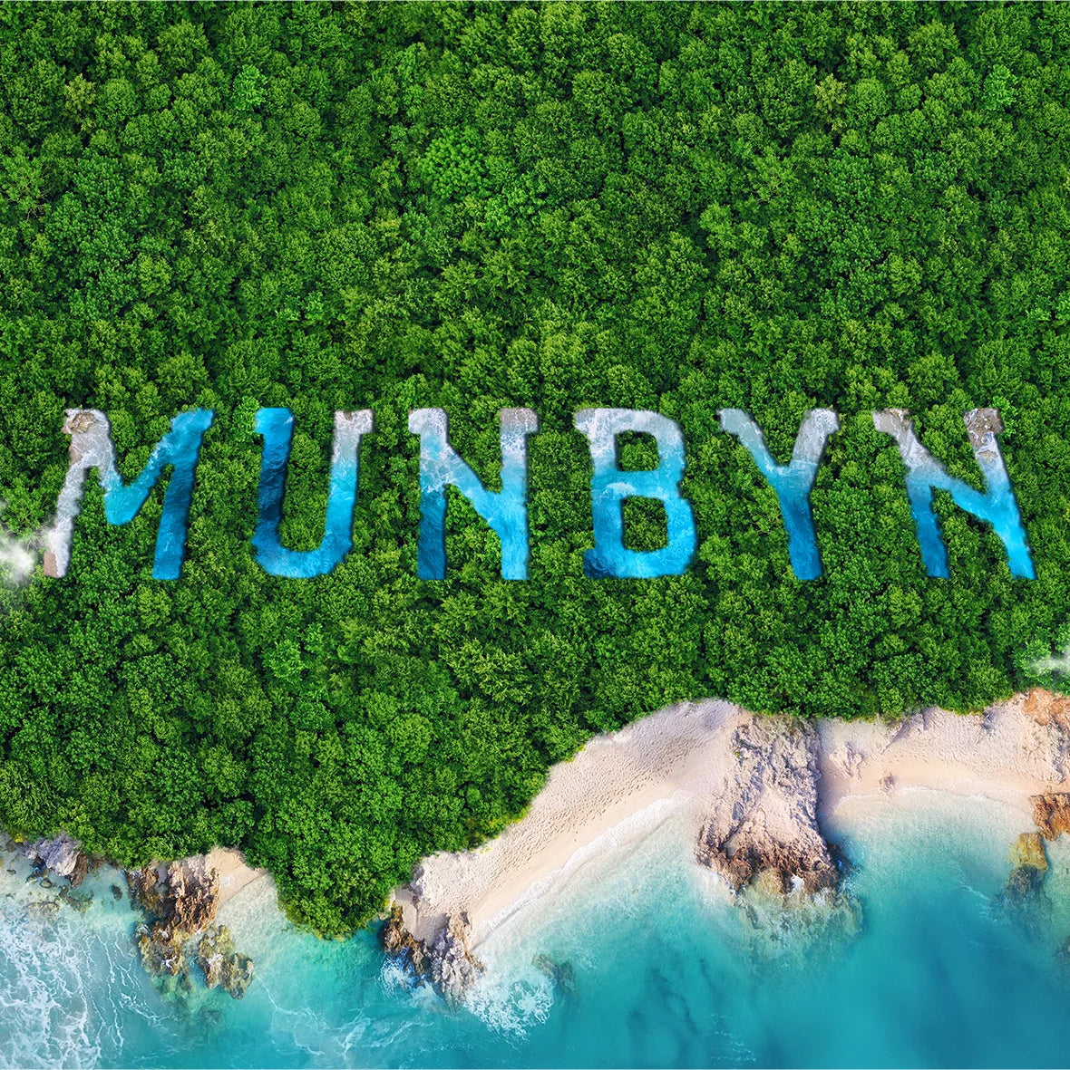 Aerial view of a tropical island with 'MUNBYN' written in blue letters over green trees.
