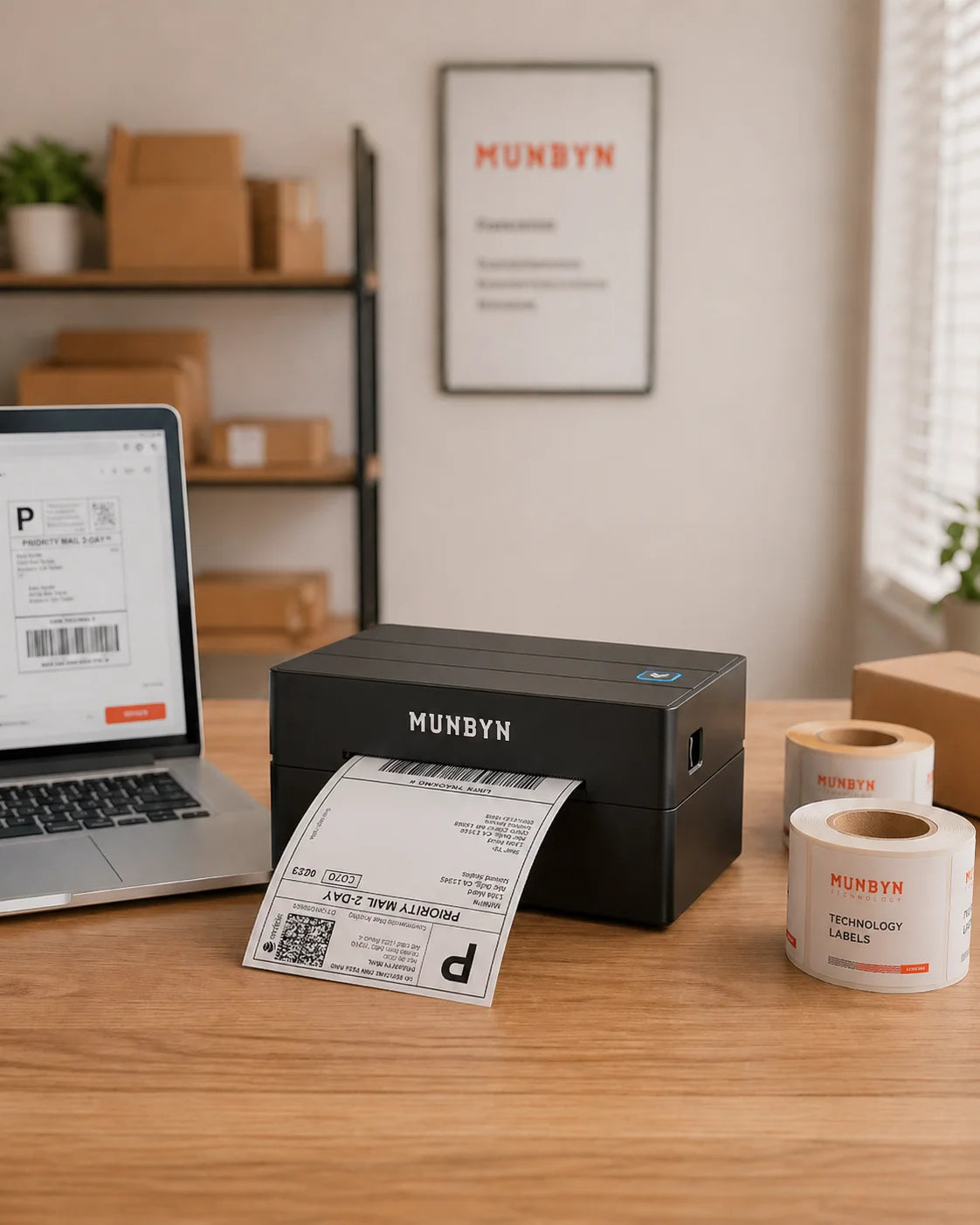 MUNBYN black 130B label printer on a desk with a laptop and labeled paper