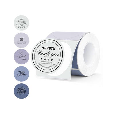 2-inch Morandi-colored label printer paper from MUNBYN, showing colorful, pastel label designs on smooth paper.